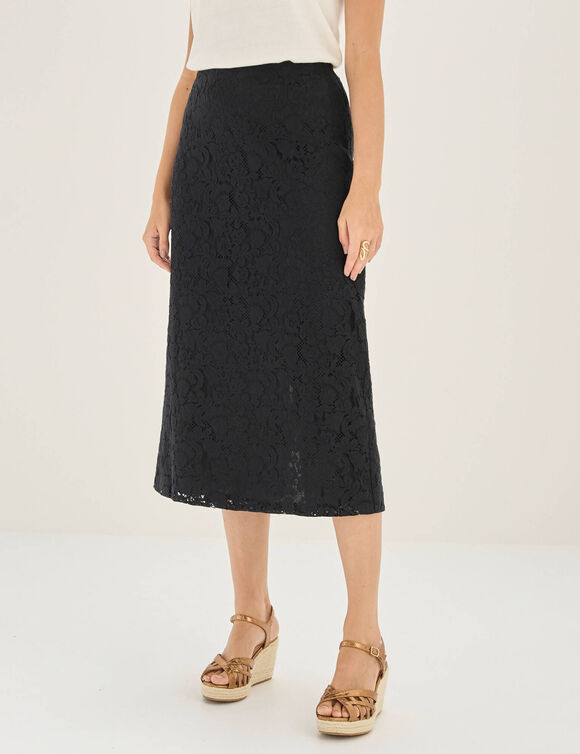 Jupe longue dentelle doubl&eacute;e, dos fendu (noir)