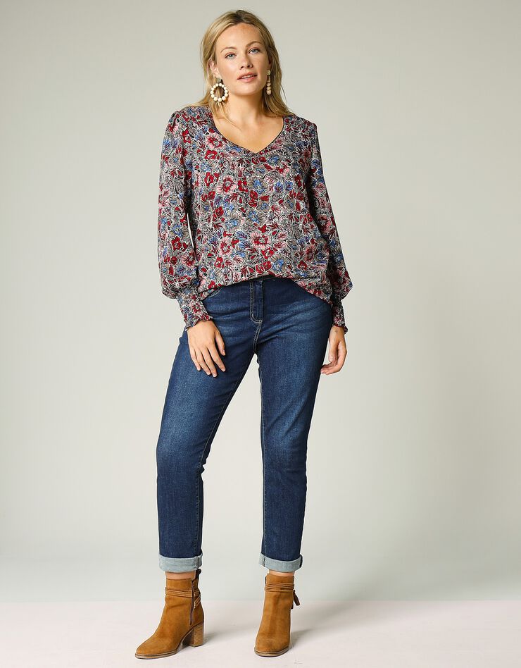 Blouse imprimée romantique col V (noir / rose) Blouse imprimée romantique col V (noir / rose)