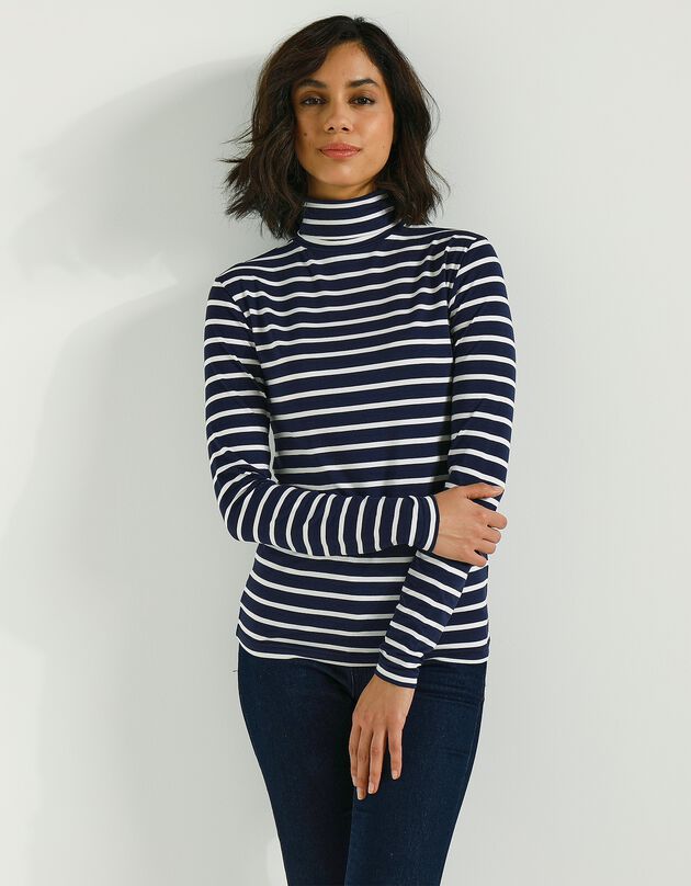 Sous-pull  rayé col roulé viscose stretch (marine / écru)