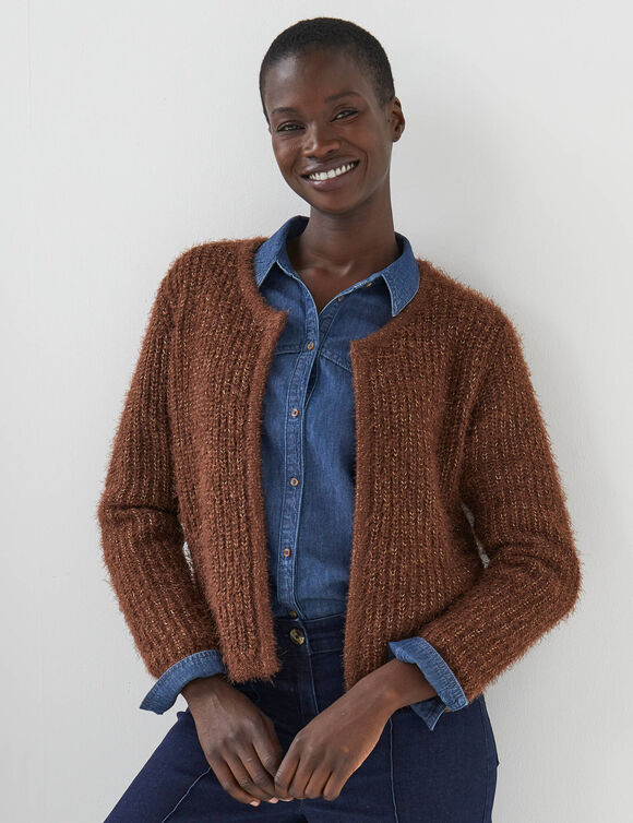Gilet paletot, maille perl&eacute;e fils brillants (marron)