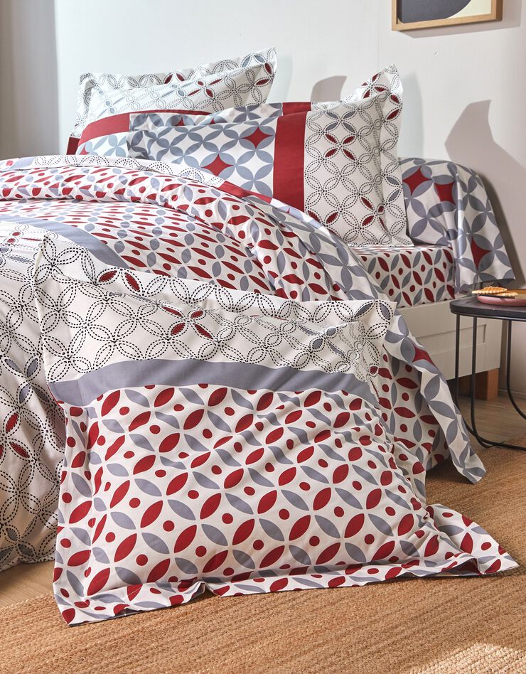 Linge de lit Marlow en coton à motifs géométriques (gris / rouge)