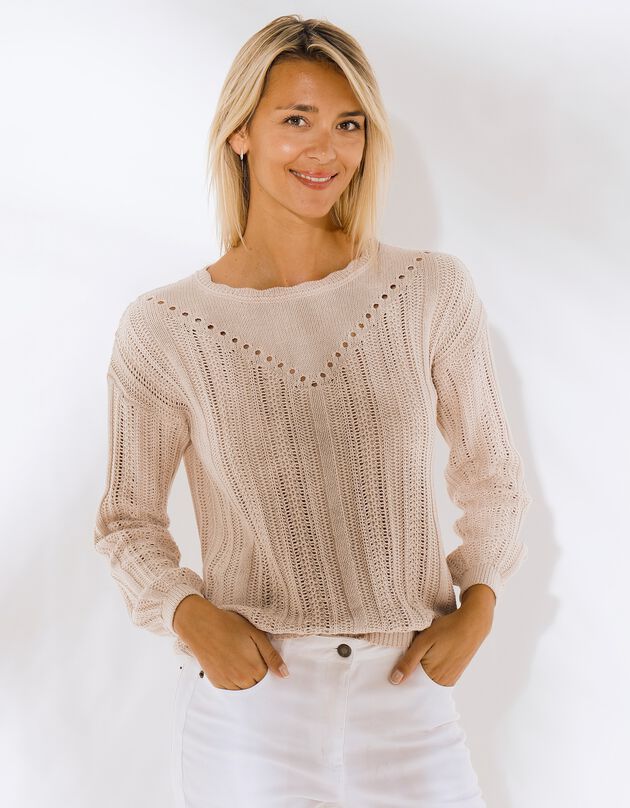 Pull col festonné, maille ajourée fantaisie (ficelle)