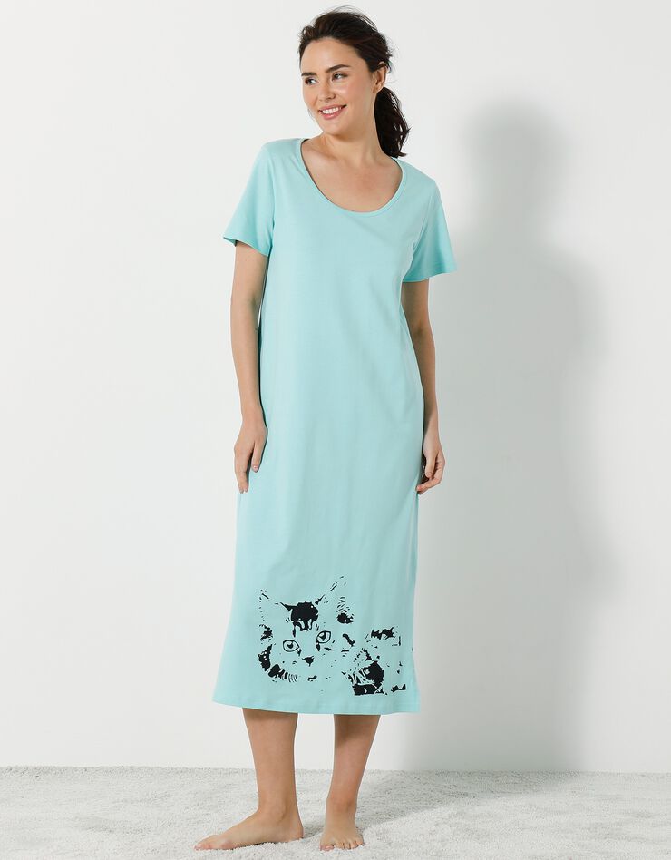 Chemise de nuit longue imprimé chat - lot de 2 (céladon / bleu) Chemise de nuit longue imprimé chat - lot de 2 (céladon / bleu)