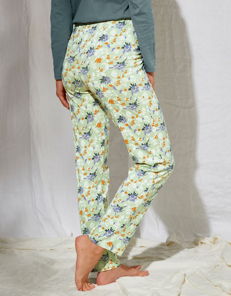 Pantalon pyjama coton imprimé "pétales" (vert / écru)
