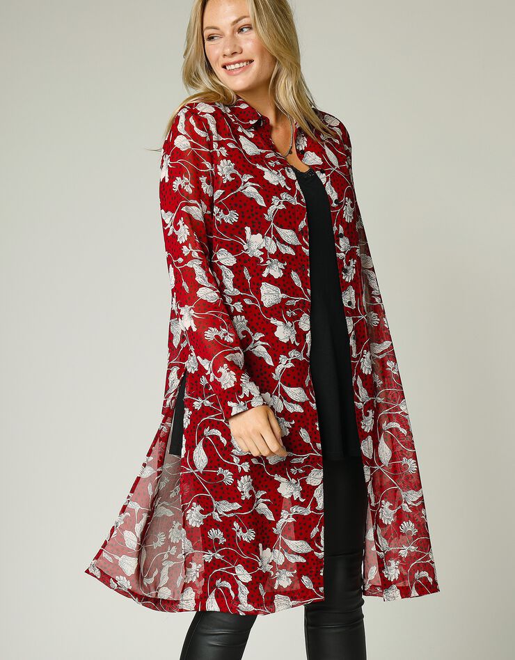 Longue surchemise ouverte en voile imprimé (bordeaux / beige) Longue surchemise ouverte en voile imprimé (bordeaux / beige)