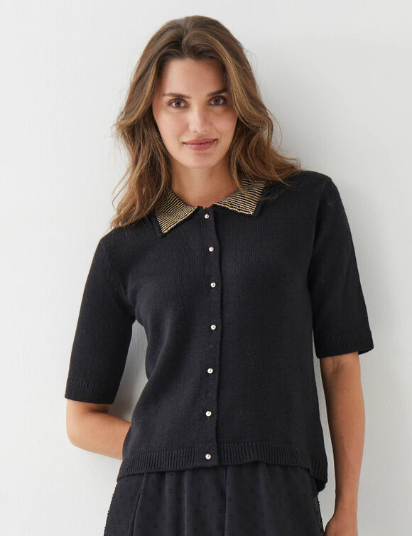 Gilet boutonn&eacute;, col polo fils billants, maille jacquard (noir / dor&eacute;)