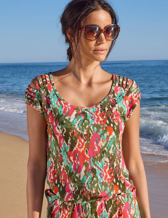 T-shirt maille imprim&eacute; ethnique, la&ccedil;age &eacute;paules (kaki / rose)