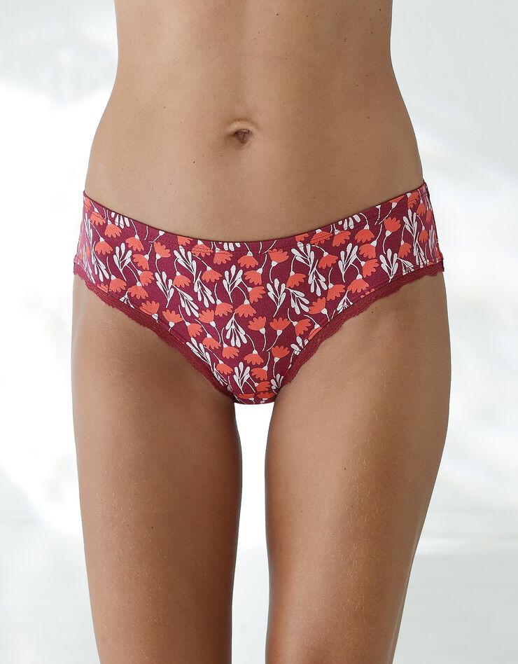 Culotte forme midi coton stretch imprimé " fleurs" et dentelle - lot de 3 (prune / corail) Culotte forme midi coton stretch imprimé " fleurs" et dentelle - lot de 3 (prune / corail)
