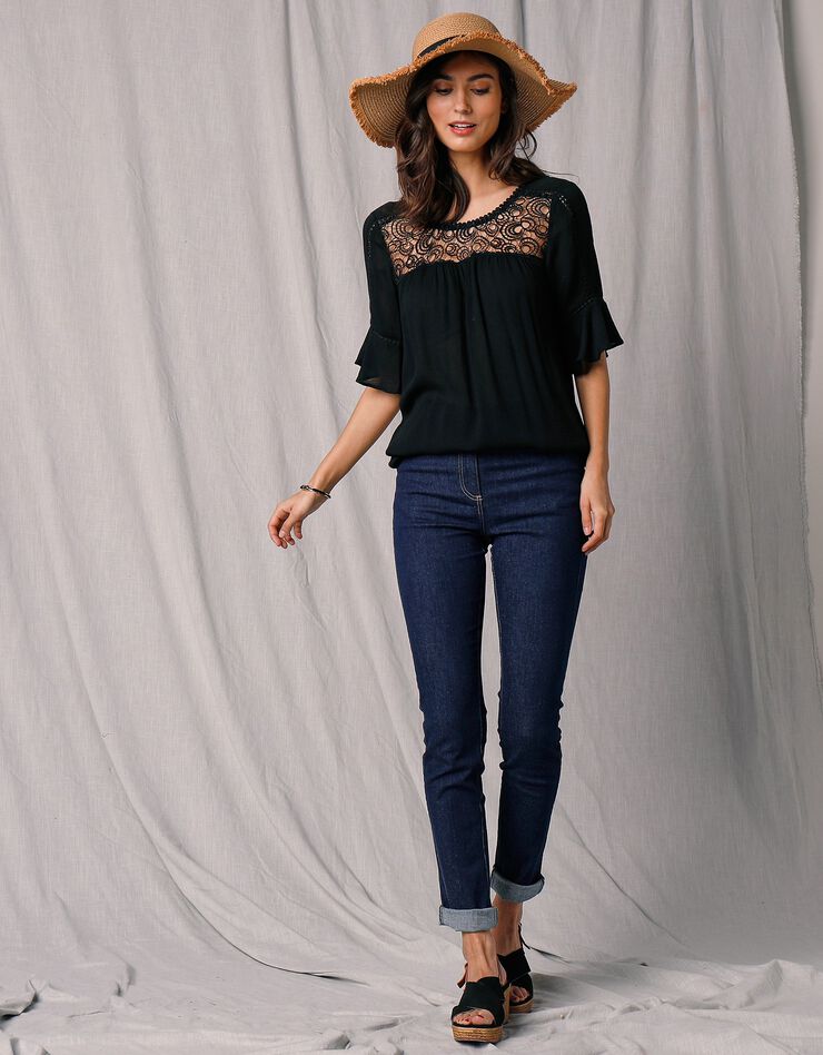 Blouse noire macramé manches 3/4 (noir) Blouse noire macramé manches 3/4 (noir)