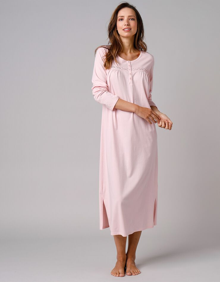 Chemise de nuit longue manches longues unie (rose) Chemise de nuit longue manches longues unie (rose)