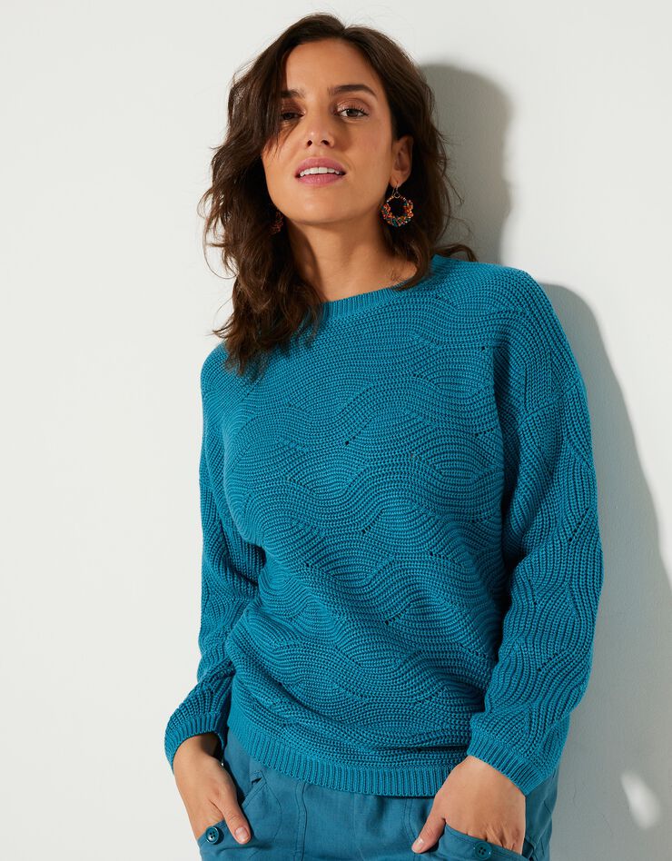 Pull manches longues, maille fantaisie (turquoise) Pull manches longues, maille fantaisie (turquoise)