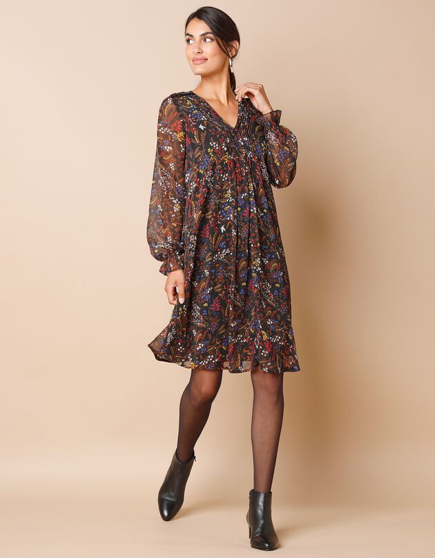 Robe imprimée à plis, imprimé forêt (noir / caramel)