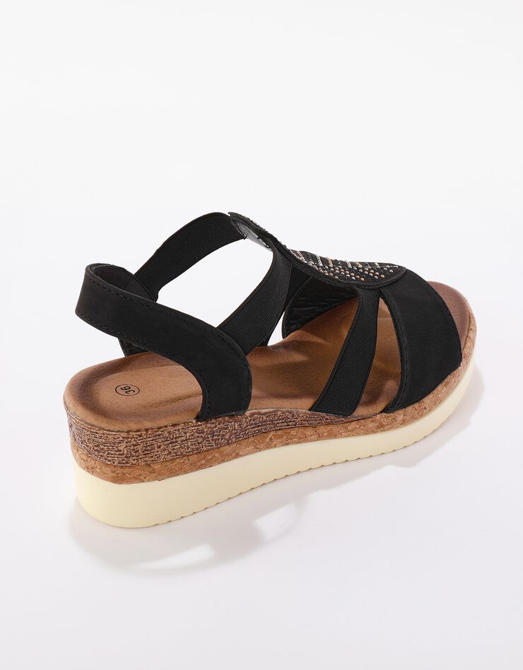 Sandales compensées à feuille perlée, talon fantaisie tri-matière (noir)