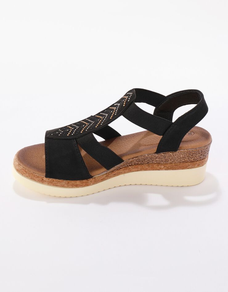 Sandales compensées à feuille perlée, talon fantaisie tri-matière (noir)