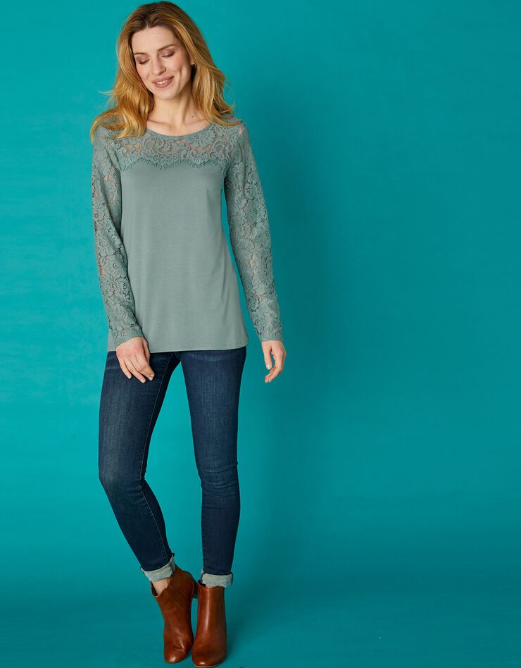 Tee-shirt col rond manches longues, dentelle jersey (kaki) Tee-shirt col rond manches longues, dentelle jersey (kaki)