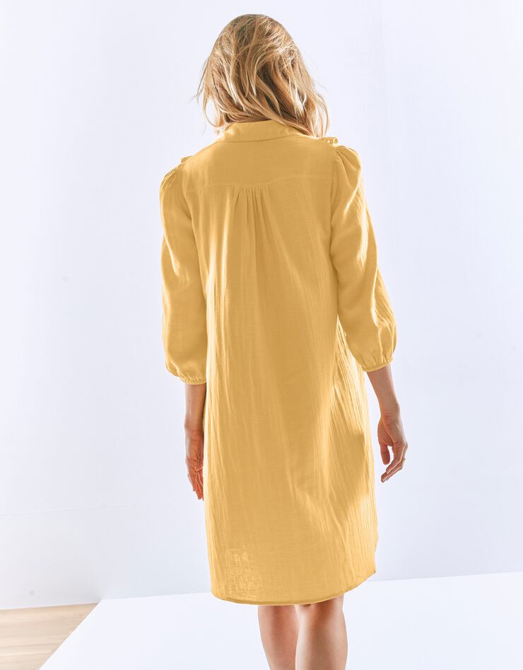Robe chemisier unie boutonnée volantée, gaze de coton (miel) Robe chemisier unie boutonnée volantée, gaze de coton (miel)