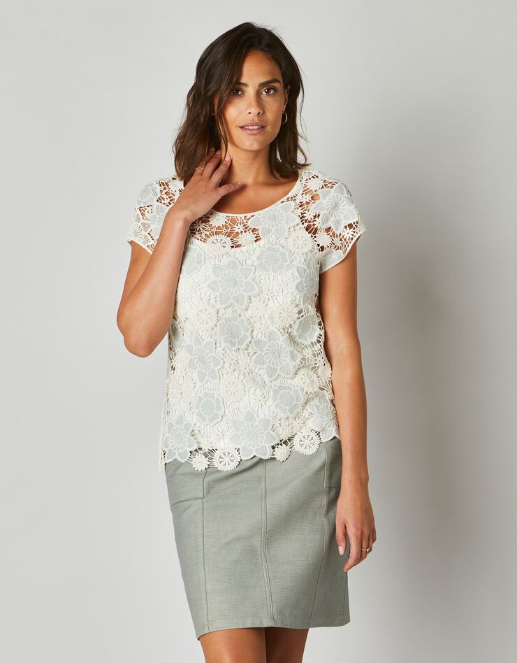 Tee-shirt macramé manches courtes (écru / vert amande) Tee-shirt macramé manches courtes (écru / vert amande)