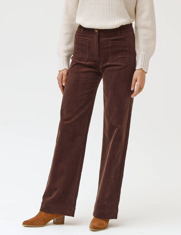 Pantalon velours coupe large taille haute, grande stature (chocolat)