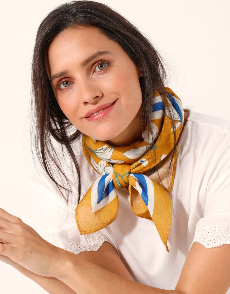Foulard fabriqué en France imprimé fleurs, 98x98 cm, coton biologique (jaune)