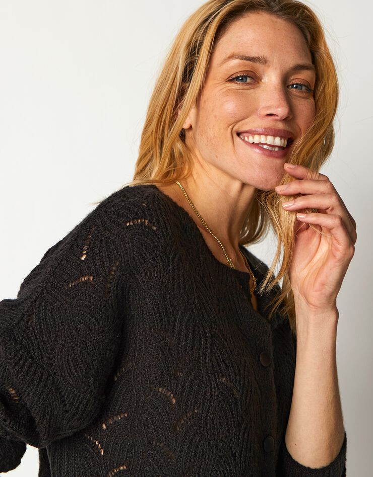 Gilet boutonné maille perlée ajourée (noir)