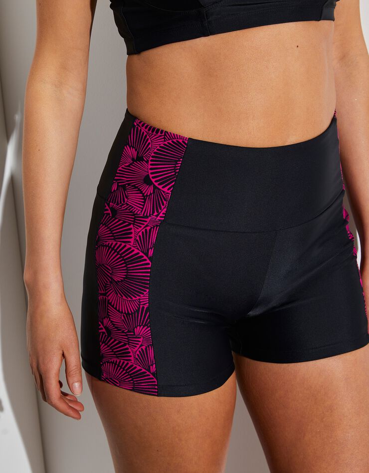 Short de bain taille haute imprimé (noir / fuchsia)