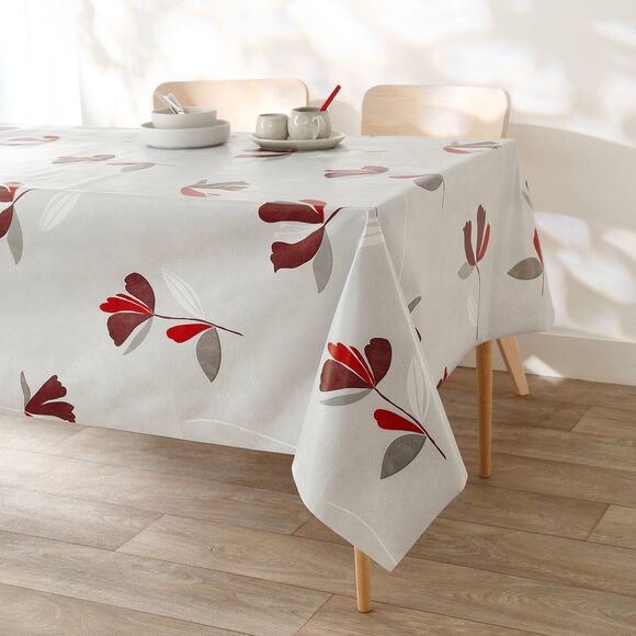 Nappe toile cir&eacute;e imprim&eacute; fleurs (gris / rouge)