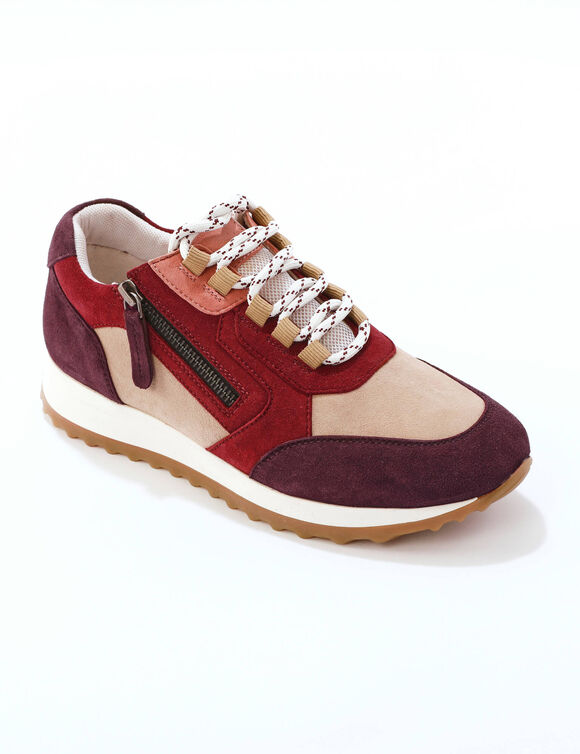 Baskets sneakers cuir, empiècements fantaisie contrastés (beige / bordeaux)
