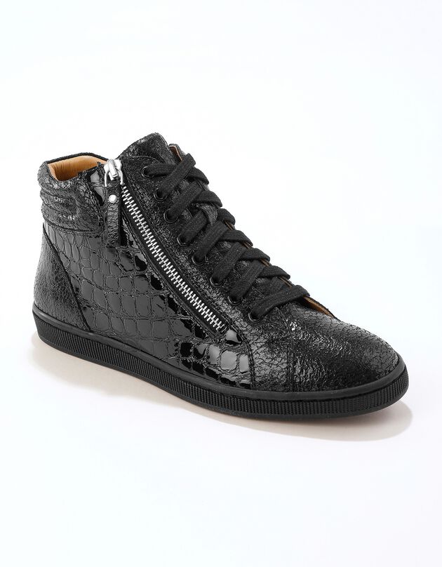 Basket montantes zippées en cuir souple effet croco (noir)