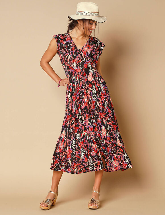 Robe longue imprimée, sans manches (marine / corail)