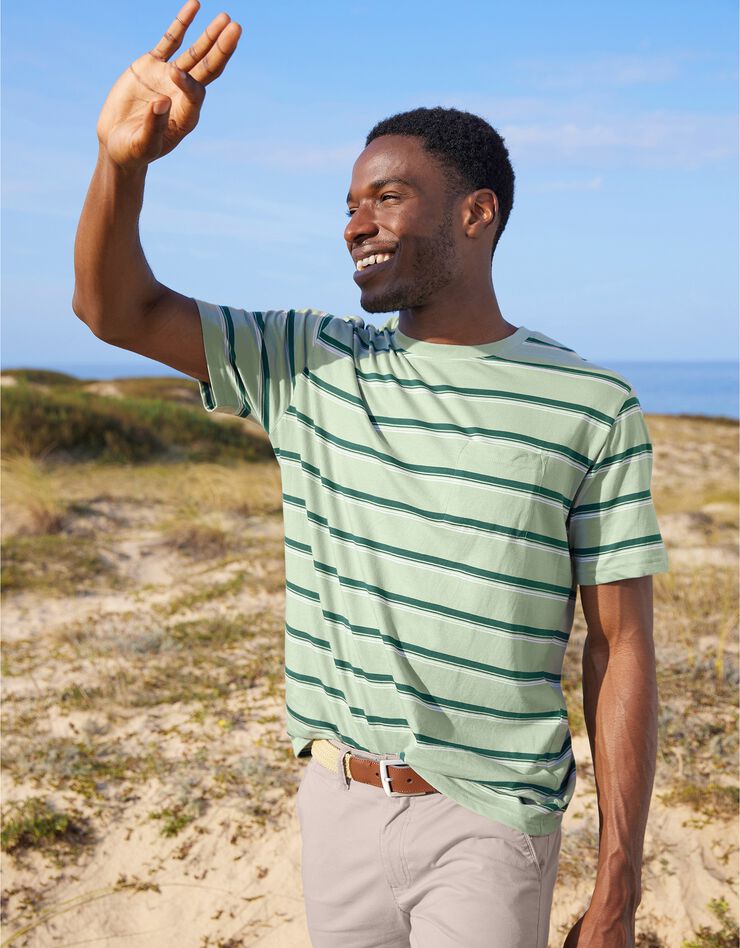 Tee-shirt rayé col rond poche poitrine (vert) Tee-shirt rayé col rond poche poitrine (vert)