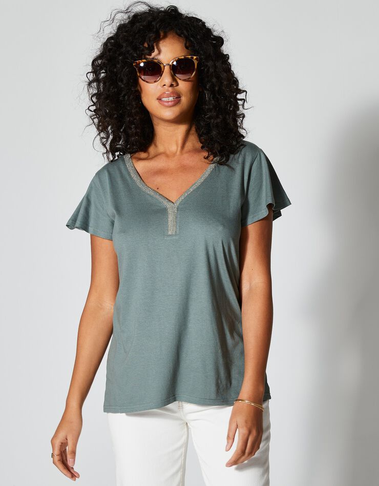 Tee-shirt col V doré maille unie (kaki)