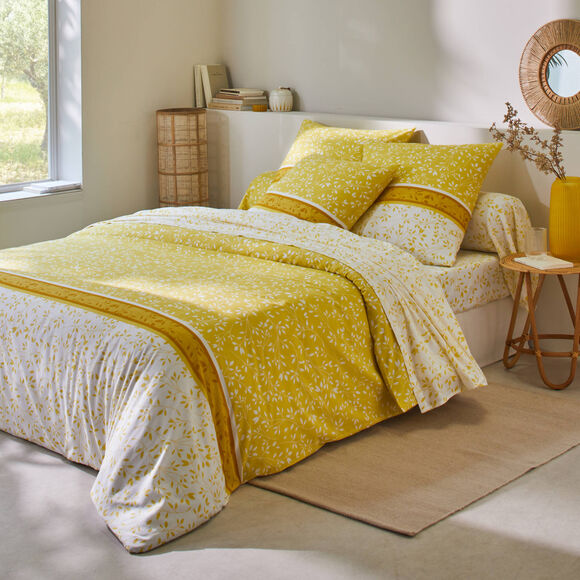Linge de lit Constance en coton imprimé feuilles (jaune)
