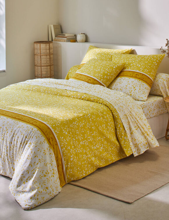 Linge de lit Constance en coton imprimé feuilles (jaune)