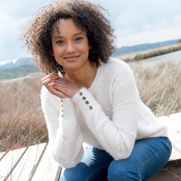 Pull col rond, maille poilue fantaisie (&eacute;cru)