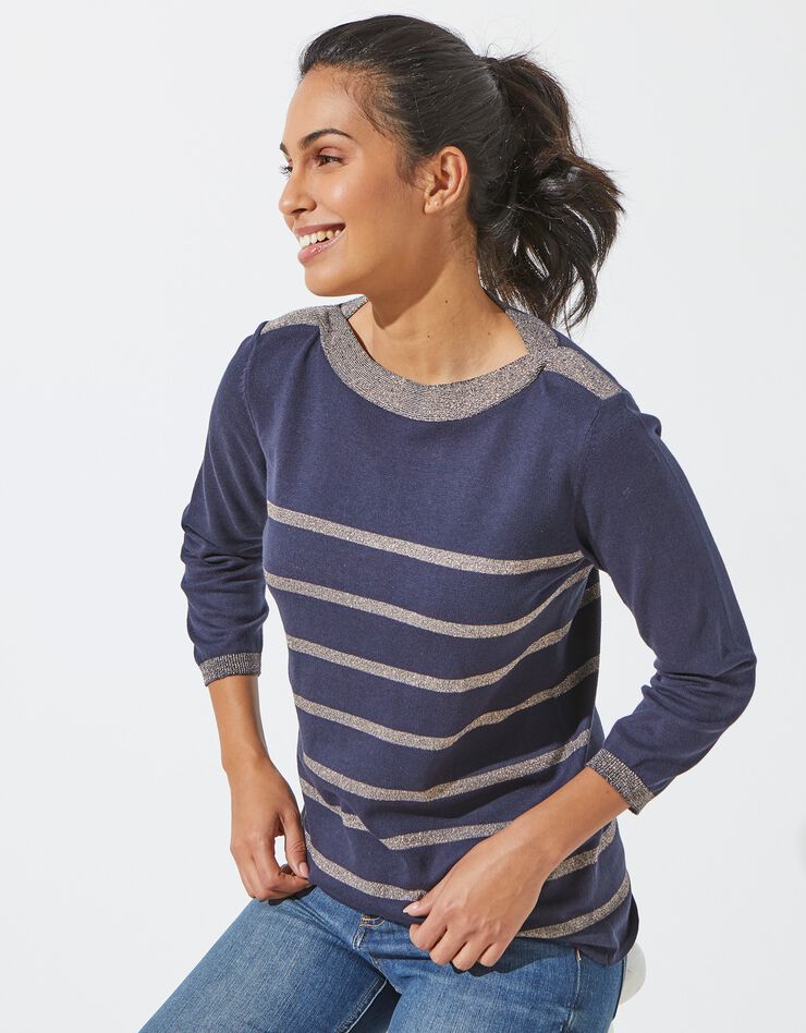Pull col bateau rayures fils brillants (marine / doré) Pull col bateau rayures fils brillants (marine / doré)