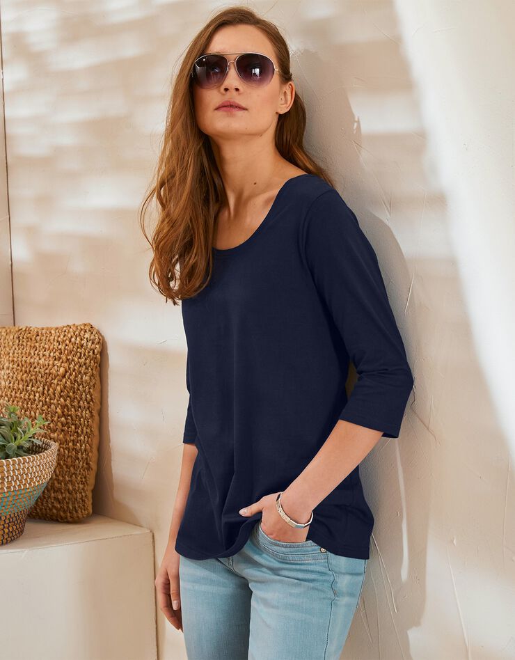 Tee-shirt manches 3/4 col rond uni coton (marine) Tee-shirt manches 3/4 col rond uni coton (marine)