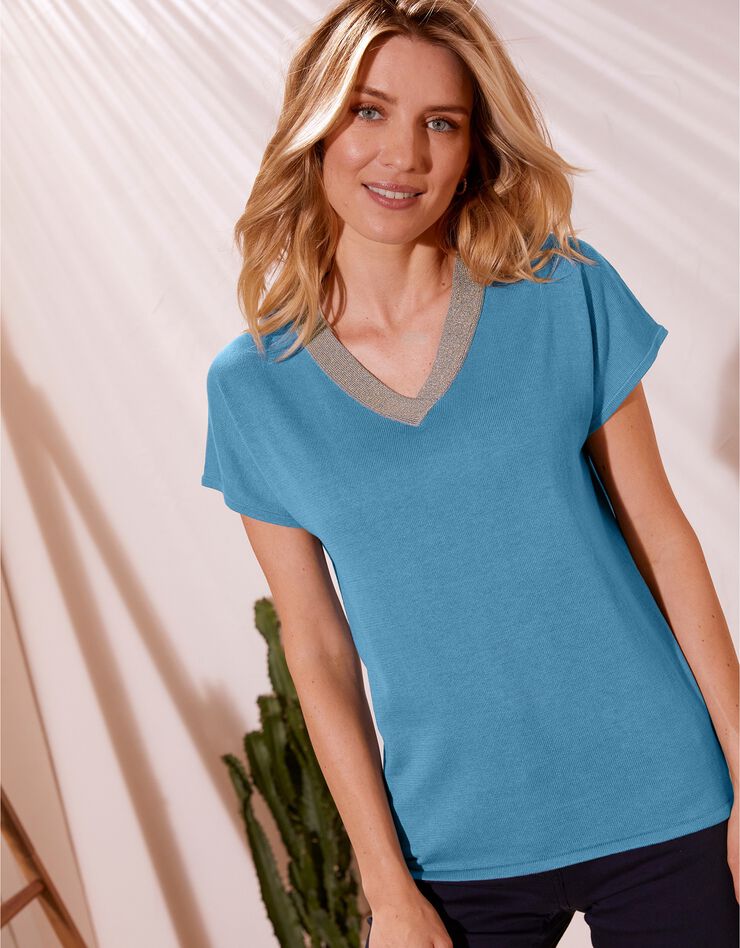 Pull col V manches courtes fils brillants (bleu grisé) Pull col V manches courtes fils brillants (bleu grisé)