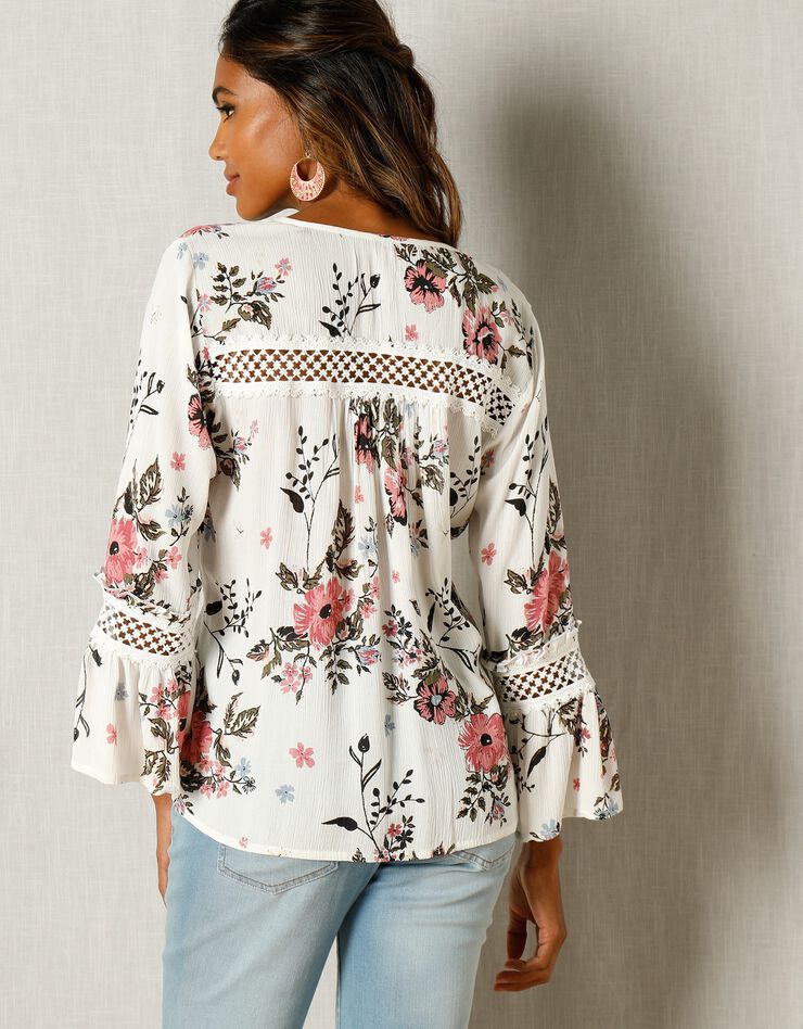 Blouse imprimée détails macramé (écru / rose) Blouse imprimée détails macramé (écru / rose)