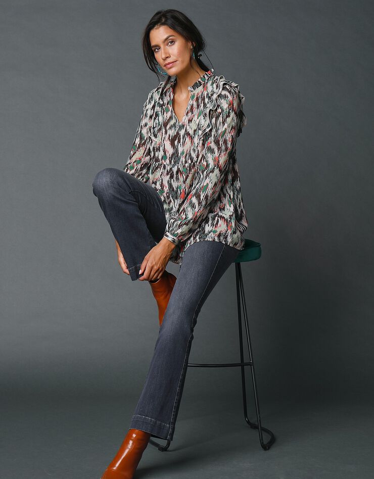 Blouse imprimée à volants (kaki / écru) Blouse imprimée à volants (kaki / écru)