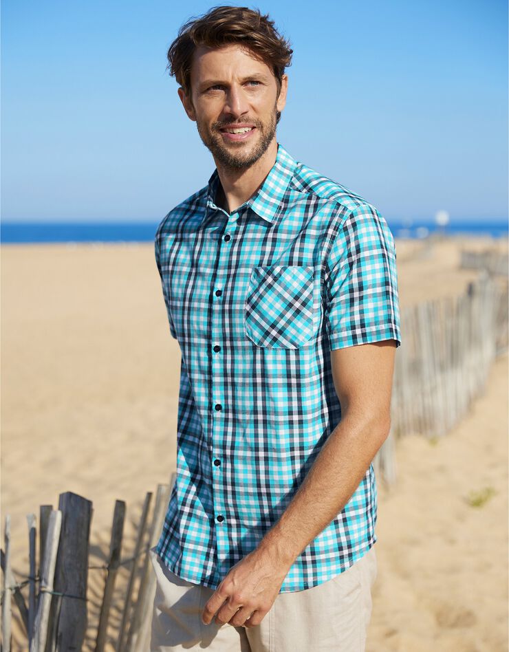 Chemise à carreaux manches courtes polycoton (bleu)