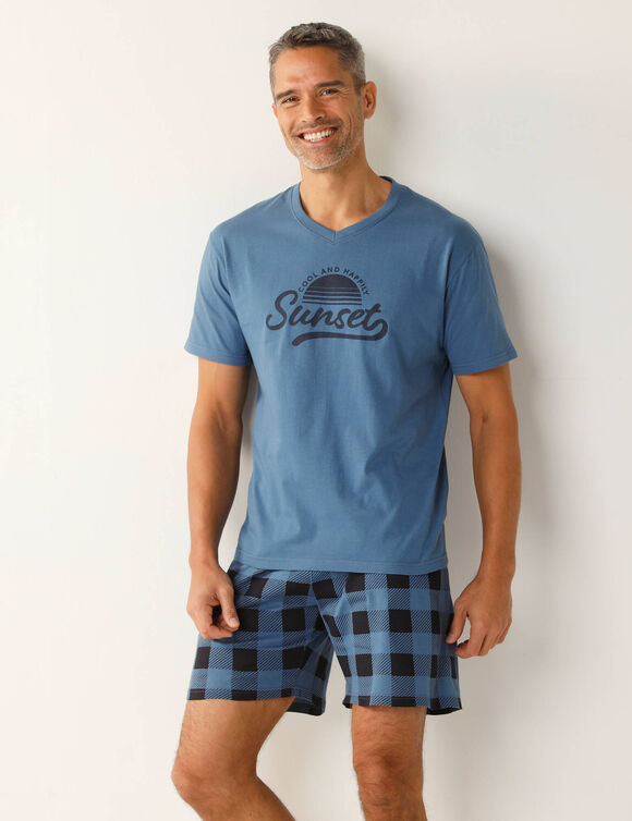 Pyjama short coton carreaux manches courtes (bleu grisé)