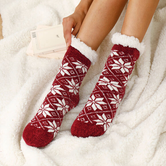 Chaussettes maille chenille fourr&eacute;es antid&eacute;rapantes  (bordeaux)