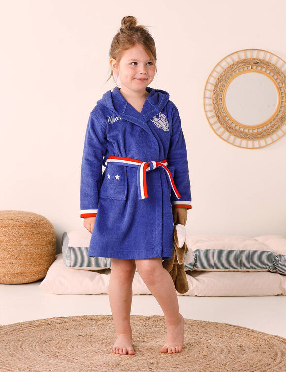 Peignoir de bain enfant personnalisable foot &agrave; capuche, &eacute;ponge coton - 340 g/m&sup2; (bleu dur)