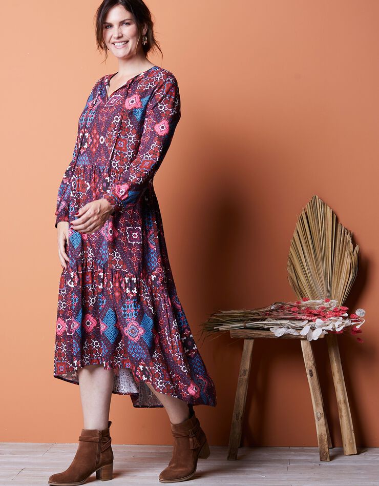 Robe longue imprimé patchwork – manches longues (terracotta / bleu) Robe longue imprimé patchwork – manches longues (terracotta / bleu)
