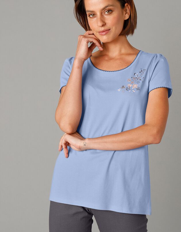 Tee-shirt de pyjama manches courtes imprimé placé fleurs (bleu)