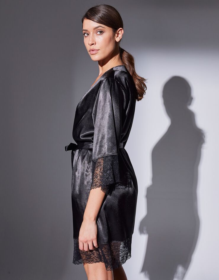Peignoir court satin et dentelle (noir)