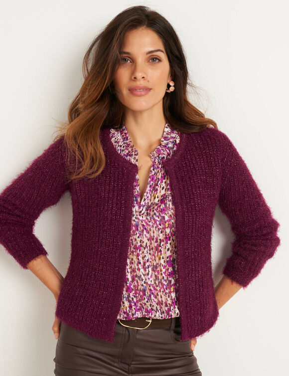 Gilet paletot, maille perl&eacute;e fils brillants (prune)