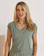 T-shirt col V uni, mélange coton-lin (vert grisé)