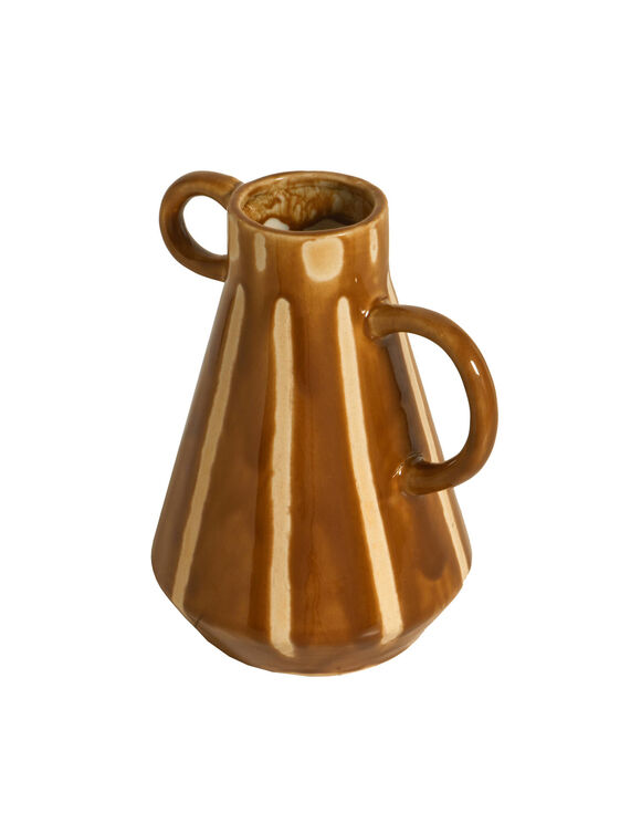 Vase gr&egrave;s rayures color&eacute;es 2 anses (caramel/blanc)