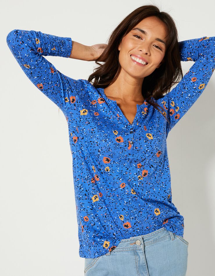 Tee-shirt col tunisien manches longues, imprimé (bleu) Tee-shirt col tunisien manches longues, imprimé (bleu)